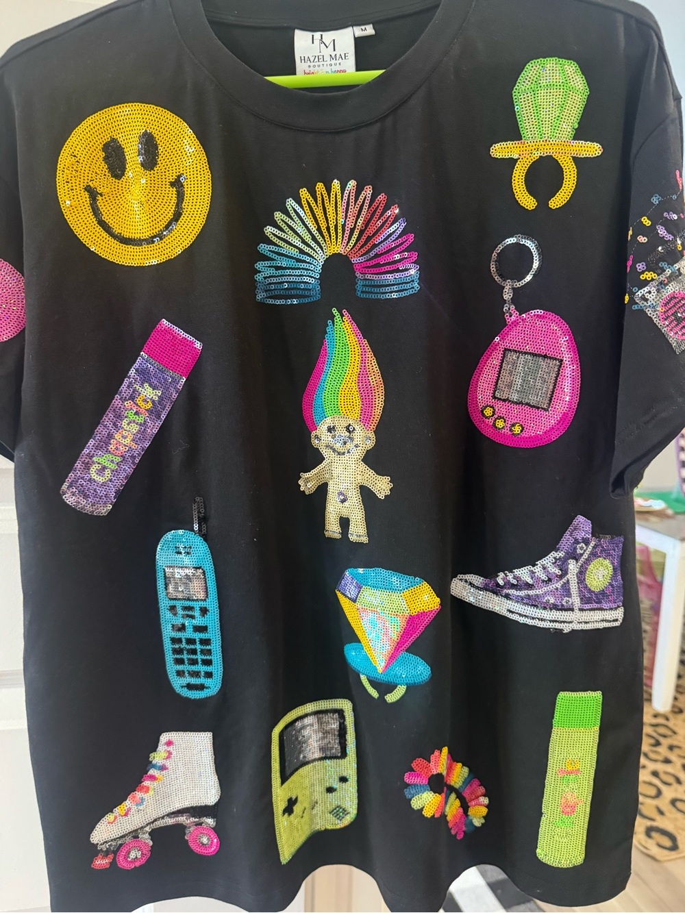 hazel Black Short-Sleeve Tee with Colorful Sequin Icons - Picture 5 of 7